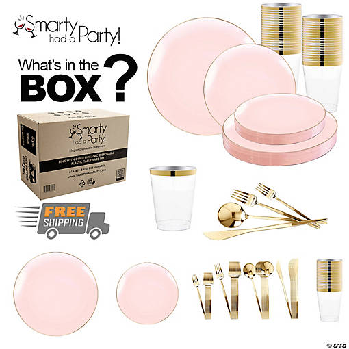 Pink with Gold Organic Disposable Plastic Tableware Set - 60 Settings