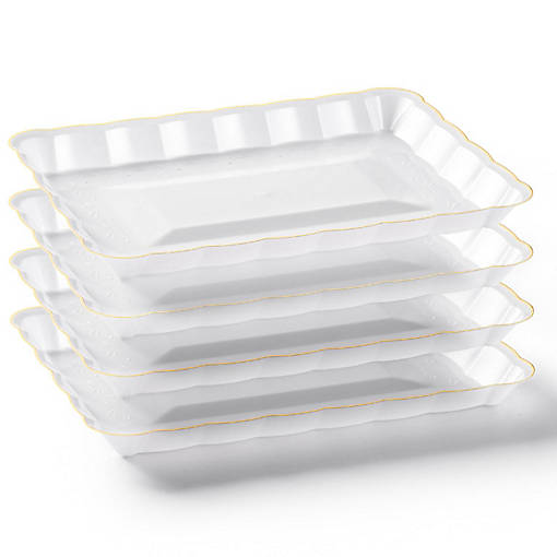 Posh Setting White and Gold Rectangular Serving Tray with Scalloped Edge - 4 Count