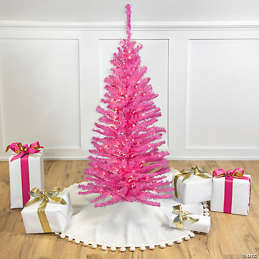 Pre-Lit Medium Artificial Pine Christmas Tree - 4' - Pink - Clear Lights