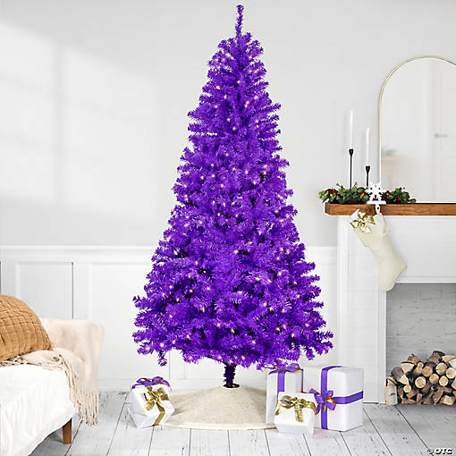 Pre-Lit Medium Artificial Pine Christmas Tree - 7' - Purple - Clear Lights