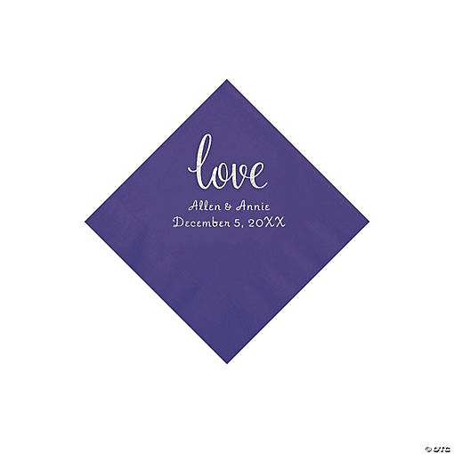Purple Love Script Personalized Napkins with Silver Foil - Beverage