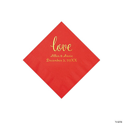 Red Love Script Personalized Napkins with Gold Foil - Beverage