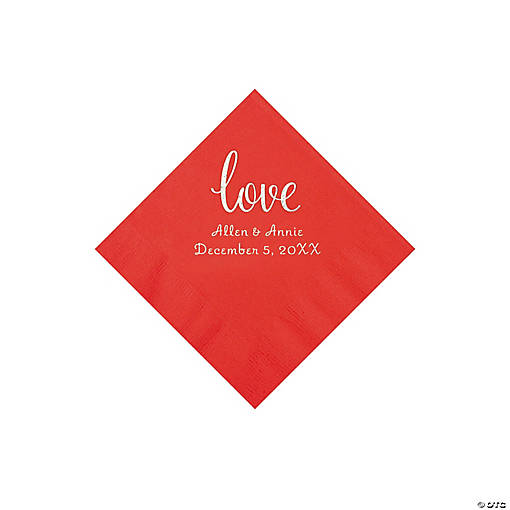 Red Love Script Personalized Napkins with Silver Foil - Beverage