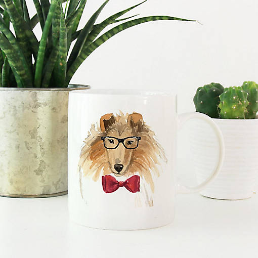 Rough Collie Glasses Red Bow Ceramic Mug