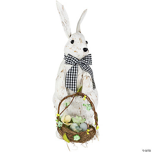 Rustic Rabbit with Easter Basket Standing Figure - 14" - Brushed White