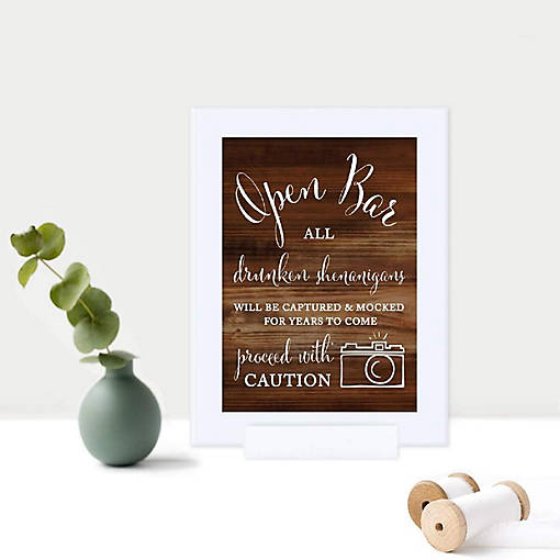 Rustic Wood Print Open Bar Warning 5x7