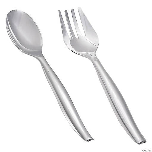 Silver Disposable Plastic Serving Flatware Set - Serving Spoons and Serving Forks (55 Pairs)