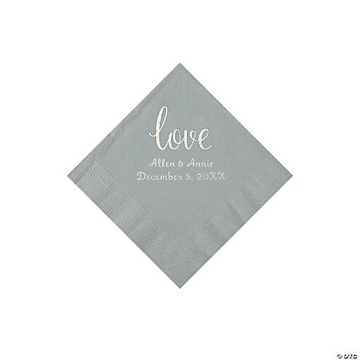 Silver Love Script Personalized Napkins with Silver Foil - Beverage