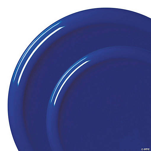 Solid Blue Flat Round Disposable Plastic Dinnerware Value Set - 20 Dinner Plates + 20 Salad Plates