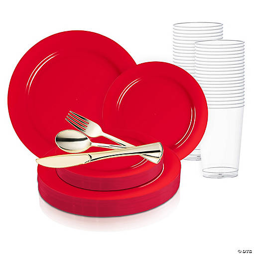 Solid Red Holiday Round Disposable Plastic Wedding Value Set - 120 Settings