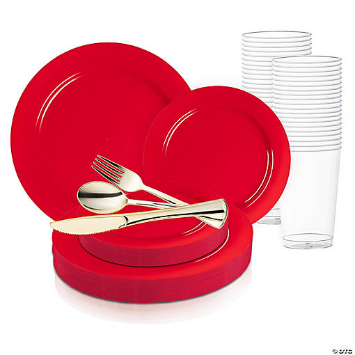 Solid Red Holiday Round Disposable Plastic Wedding Value Set - 60 Settings