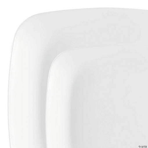 Solid White Flat Rounded Square Disposable Plastic Dinnerware Value Set - 20 Dinner Plates + 20 Salad Plates