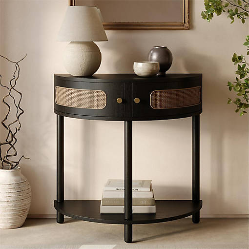 Stead Rattan Half Moon Shaped Entry Table - Cane Console Table, Solid Wood Entryway Table with Two Doors and Brass Knobs