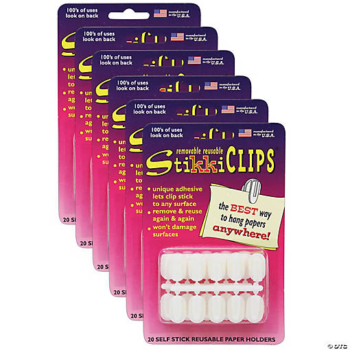 StikkiCLIPS&amp;#8482; Adhesive Clips, White, 20 Per Pack, 6 Packs