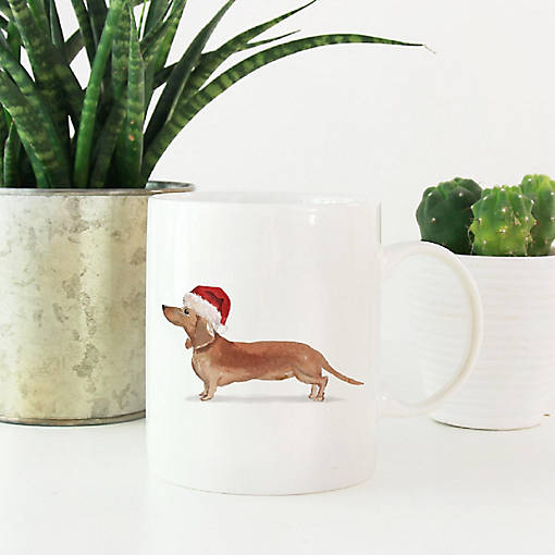 Tan Dachshund Santa Hat Ceramic Mug