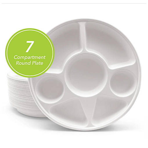 Three Leaf 7 Compartment Bagasse Disposable Round Plate, 200 Ct.
