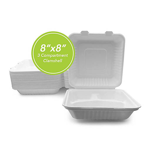 Three Leaf 8" X 8" 3 Compartment Bagasse Disposable Clamshell, 200 Ct.