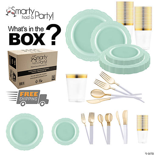 Turquoise Vintage Disposable Plastic Tableware Set - 120 Settings