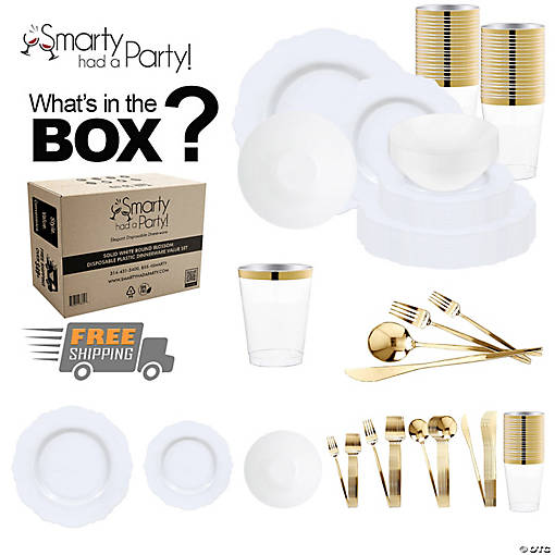White Blossom Rim Disposable Plastic Tableware Set - 60 Settings