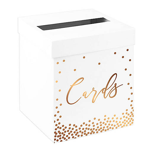 White Card Box Gold Script Confetti