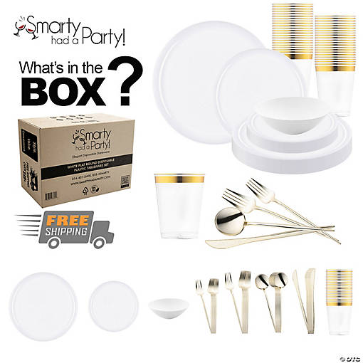 White Flat Round Disposable Plastic Tableware Set - 120 Settings