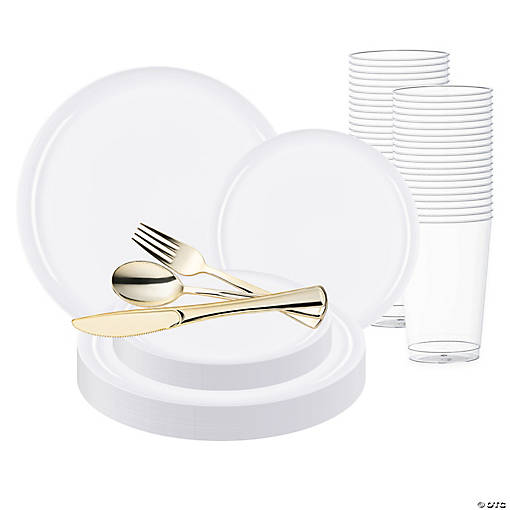 White Flat Round Disposable Plastic Wedding Value Set - 60 Settings