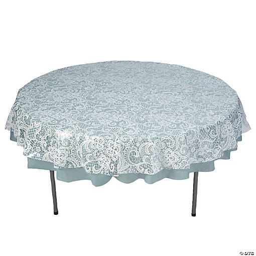 White Lace-Printed &amp; Solid Color Round Disposable Plastic Tablecloth Kit - 2 Pc.