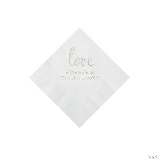 White Love Script Personalized Napkins with Silver Foil - Beverage