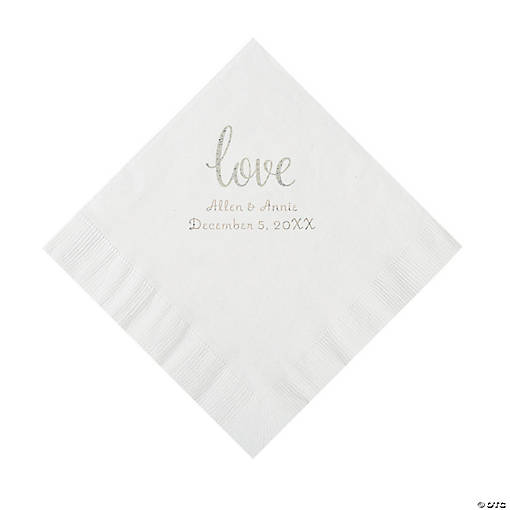 White Love Script Personalized Napkins with Silver Foil - Luncheon