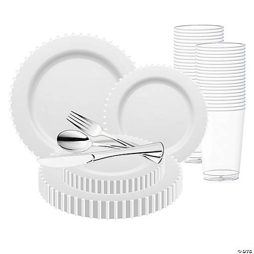 White Pearl String Round Disposable Plastic Wedding Value Set - (60 Settings)