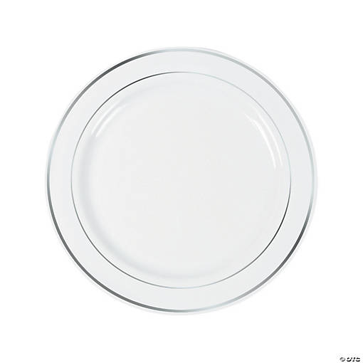 White Plastic Dinner Plates with Silver Trim - 25 Ct.