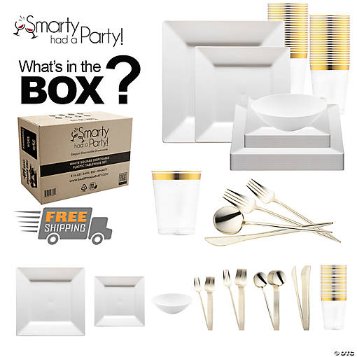 White Square Disposable Plastic Tableware Set - 60 Settings