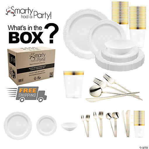 White Vintage Disposable Plastic Tableware Set - 60 Settings
