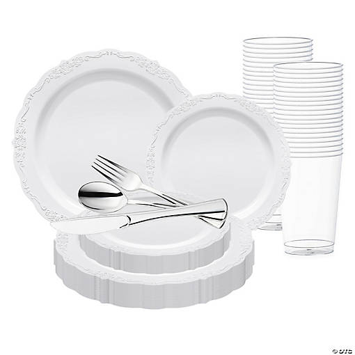 White Vintage Round Disposable Plastic Wedding Value Set - 60 Settings