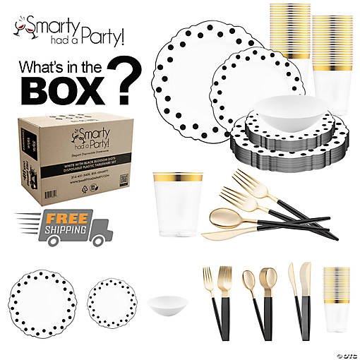 White with Black Blossom Dots Disposable Plastic Tableware Set - 60 Settings