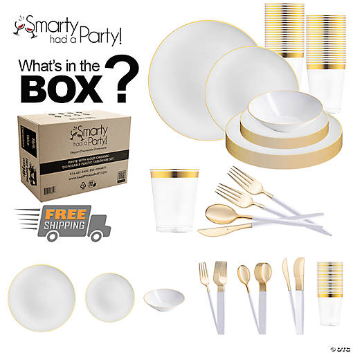 White with Gold Organic Disposable Plastic Tableware Set - 60 Settings