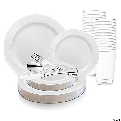 White with Silver Edge Rim Plastic Wedding Value Set - 120 Settings