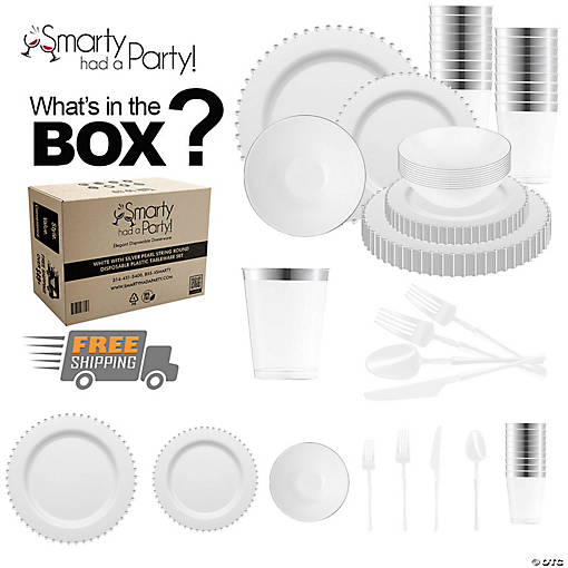 White with Silver Pearl String Round Disposable Plastic Tableware Set - (120 Settings)