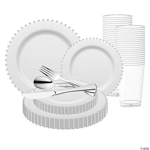 White with Silver Pearl String Round Disposable Plastic Wedding Value Set - (60 Settings)