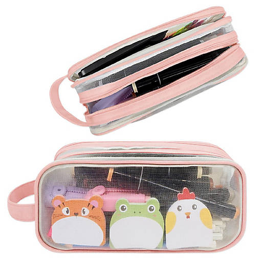 Wrapables 2 Compartment Transparent Mesh Pencil Case, Pink
