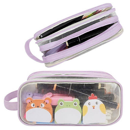 Wrapables 2 Compartment Transparent Mesh Pencil Case, Purple