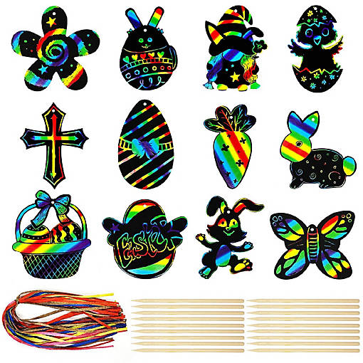 Wrapables 36pc DIY Rainbow Color Scratch Arts Ornaments, Easter