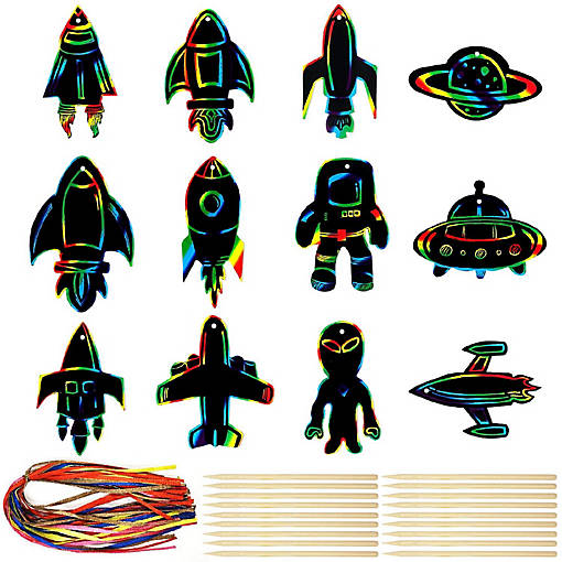 Wrapables 36pc Rainbow Scratch Arts Ornaments, DIY Magic Scratch Arts and Crafts, Outer Space