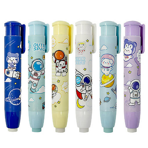 Wrapables Retractable Clickable Push Button Outer Space Erasers, (Set of 6)