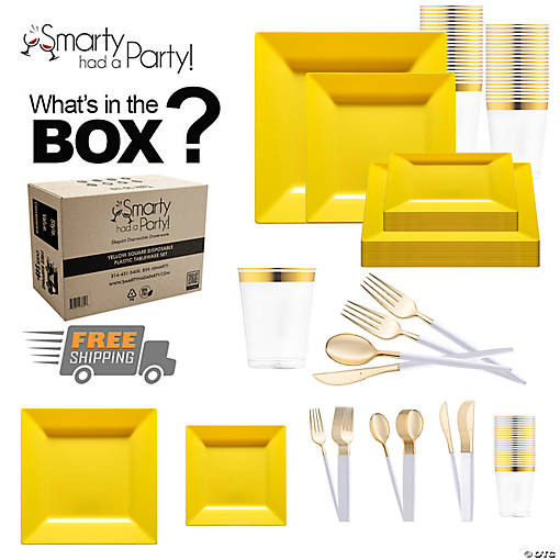 Yellow Square Disposable Plastic Tableware Set - 60 Settings