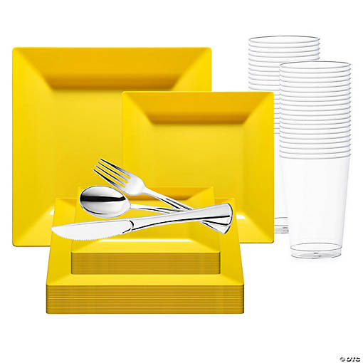 Yellow Square Plastic Wedding Value Set - 60 Settings