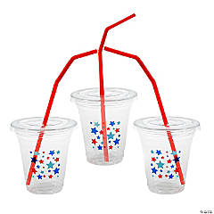 12 oz. Bulk 50 Ct. Clear Patriotic Disposable Plastic Cups with Lids & Straws
