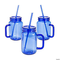 16 oz. Blue Reusable Plastic Jar Mugs with Lids & Straws - 6 Ct.