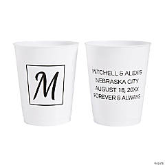 16 oz. Bulk 50 Ct. Personalized White Double-Sided Modern Monogram Reusable Plastic Cups
