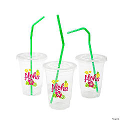 16 oz. Clear Luau Disposable Plastic Cups with Lids & Straws - 24 Ct.